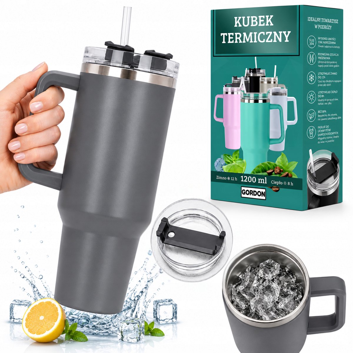 Thermosbeker 1200ml met Rietje & Handvat - Grote Auto Bidon Donkergrijs