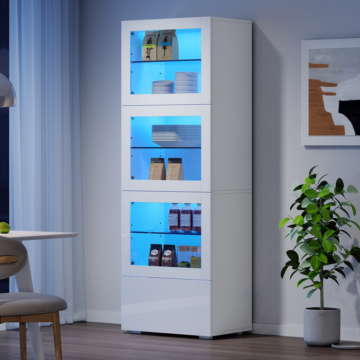 MODENUIT Vitrinekast - LED-Verlichting En 3 Deuren - Voor Woonkamer - MDF En Glas - 60x40x173 Cm - Wit