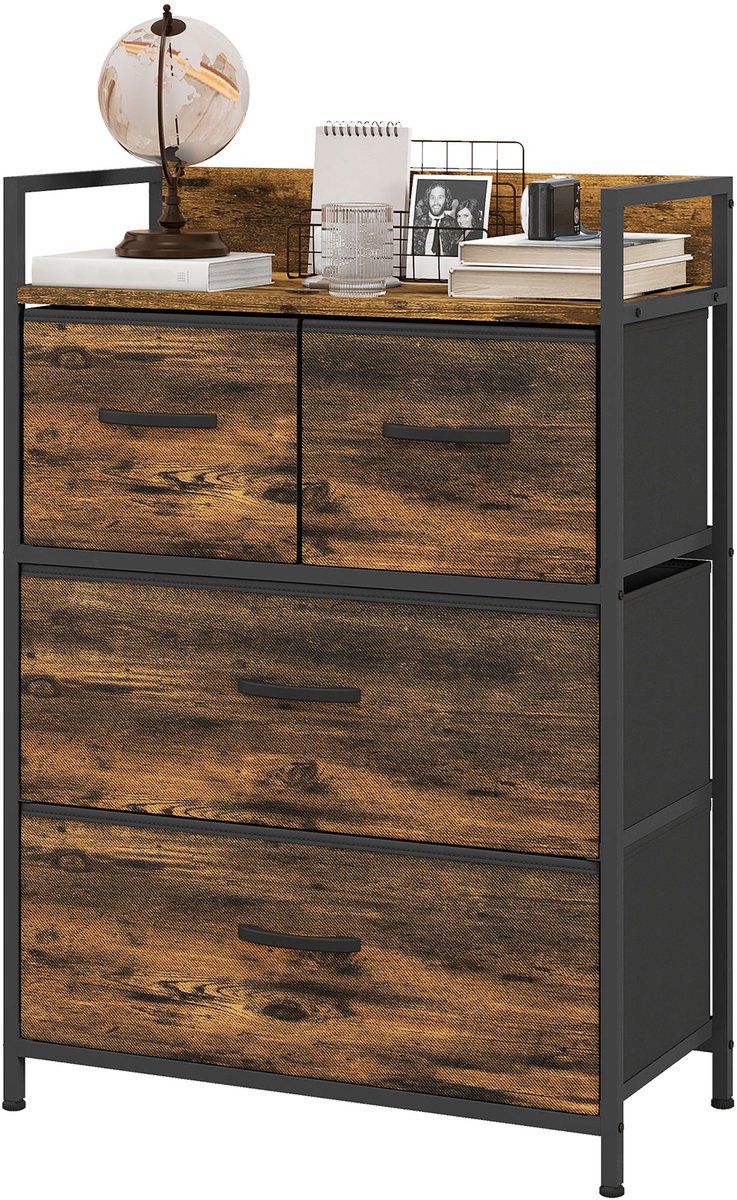 Opbergmeubel in industriële stijl met 4 opklapbare en verwijderbare stoffen lades en 1 plank - 60 x 29 x 85 cm