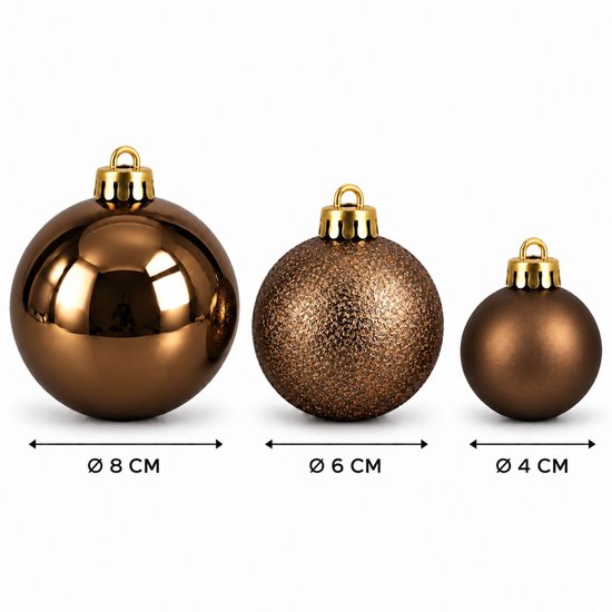 Drie bruine kerstballen in formaten 8 cm, 6 cm en 4 cm, met glanzende, matte en gestructureerde afwerkingen.