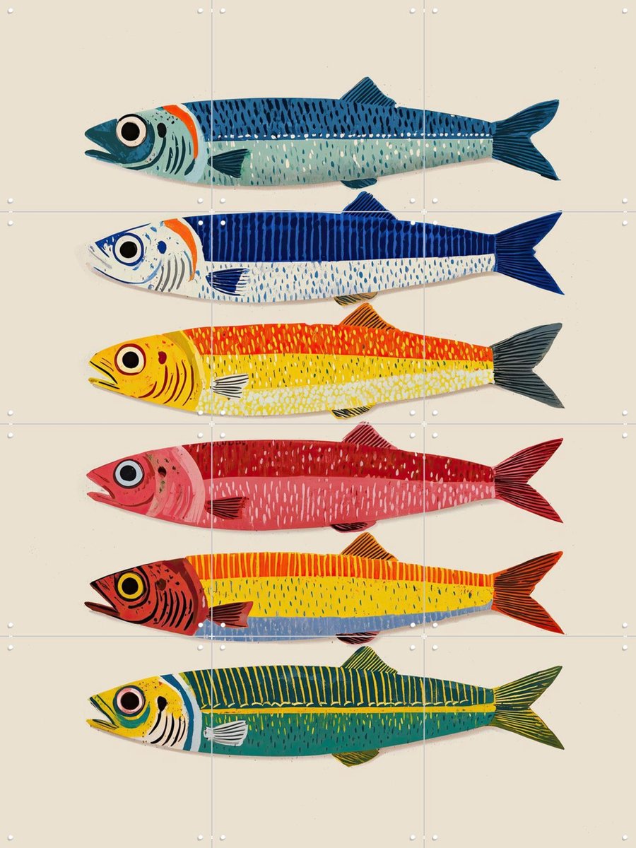IXXI Sardines In Color, Branka Kodžoman - 60 x 80 cm - Gratis ophangtool - Grote wanddecoratie en posters - Retro, Speels, Kleurrijk, Strandhuis