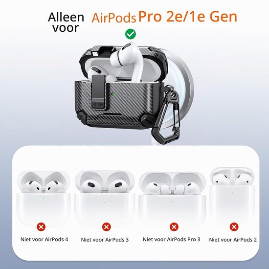 Hoes voor AirPods Pro 2 (2023/2022/2019), Beschermhoes Cover voor AirPods Pro 2e/1e Generatie (USB-C/Lightning), Schokbestendige TPU + PC Case met Karabijnhaak, Zwart — afbeelding 2