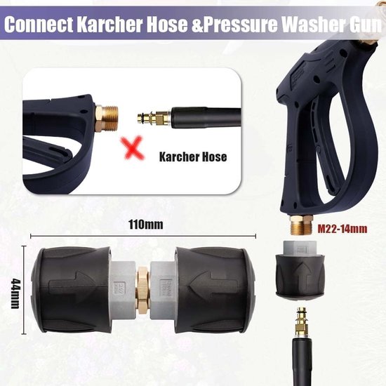 Hogedrukreiniger, telescoopstaaf met verlengstaafjes, borstelkop, dakgootreiniger, 7 sproeimondstukken, 2 slangadapters en steunriem (adapter voor karcher) — afbeelding 3