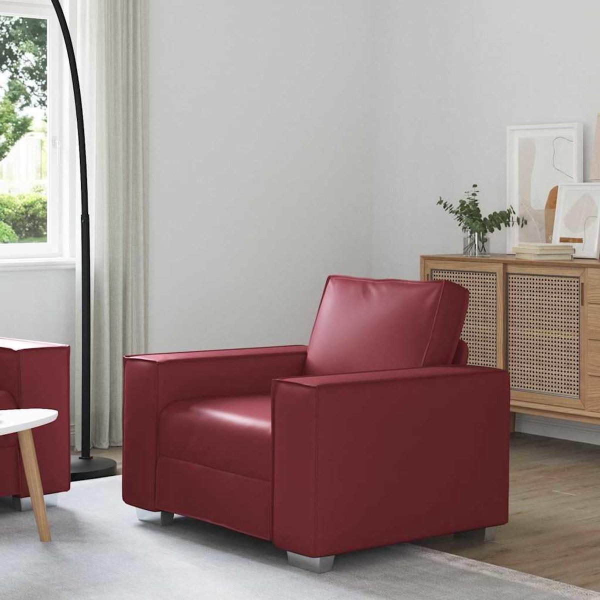 Moderne en minimalistische bank, voor woonkamer, met kunstleer, comfortabele bekleding, 59 cm, met kussen, wijnrood, kunstleer