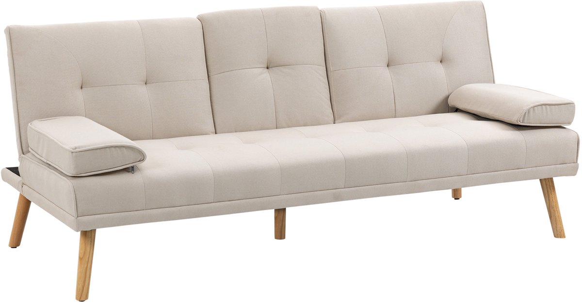 Homona Slaapbank - 3-zits - Met klaptafel, bekerhouders en afneembare armleuningen - 181 x 77 x 78 cm - Beige