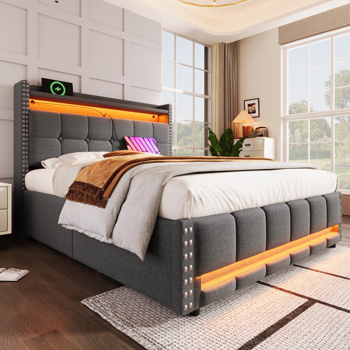 Gestoffeerd Bed - Tweepersoonsbed Met Opbergruimte - LED-Verlichting - USB-Aansluiting - 250kg Draagvermogen - Slaapkamer - 160x200 cm - Grijs
