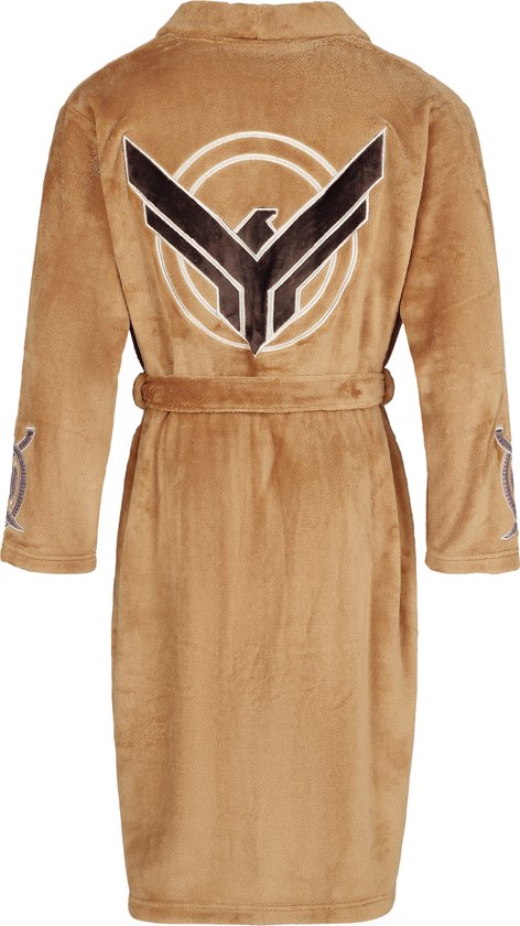 Achterkant van bruine fleece badjas met een groot geborduurd adelaarsembleem en riem.