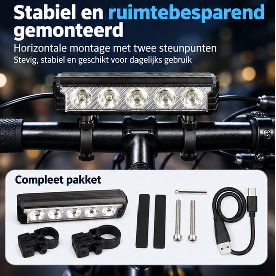 Cloudy - Fietslamp Voorlicht 2800 Lumen – 5 LED – USB-C Oplaadbaar – 6600mAh – 5 Lichtstanden – Batterijindicator – Wit/Geel Licht — afbeelding 4