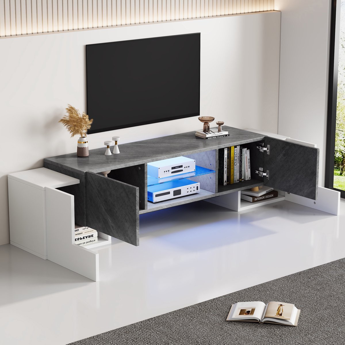 MUVANO Tv Meubel 180 cm Wit Grijs - Tv Kast Met Led Verlichting - Modern Lowboard - Voor 60 Tot 70 Inch Tv - 180x40x46,5cm - App Bediening - Woonkamer Wit Grijs