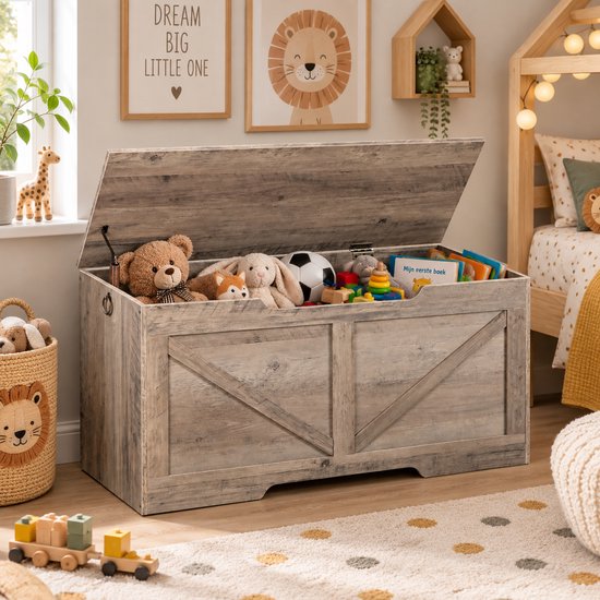 Signature Home Speelgoedkist – Grote Opbergkist met Deksel – Houten Speelgoed Opbergkist – Opbergbox voor Speelgoed & Dekens – 100 x 40 x 50,5 cm – Grijs — afbeelding 3