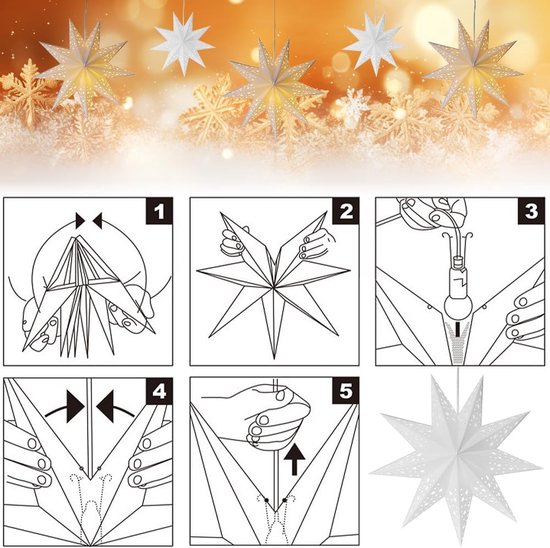 3 stuks 45 cm papieren sterren Kerstmis, lichtgevende sterren, vouwsterren, papieren ster, verlicht om op te hangen, wit, lichtsterren voor ramen — afbeelding 2