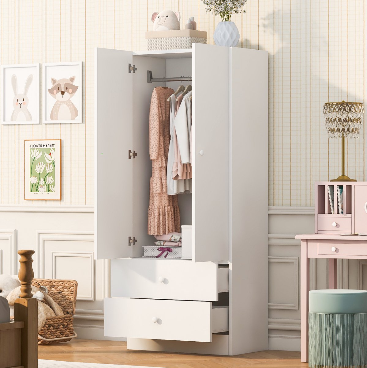 HAUSS SPOLE Kledingkast - Met Hangruimte En Twee Lades - Voor Slaapkamer Of Kleedruimte - MDF En Multiplex - 70 X 40 X 170 Cm - Wit