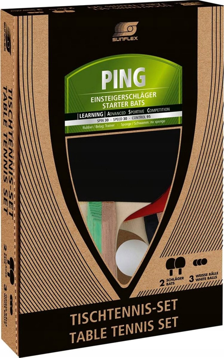 Sunflex Ping Pong Tafeltennis Set: 2 Batjes & 3 Ballen