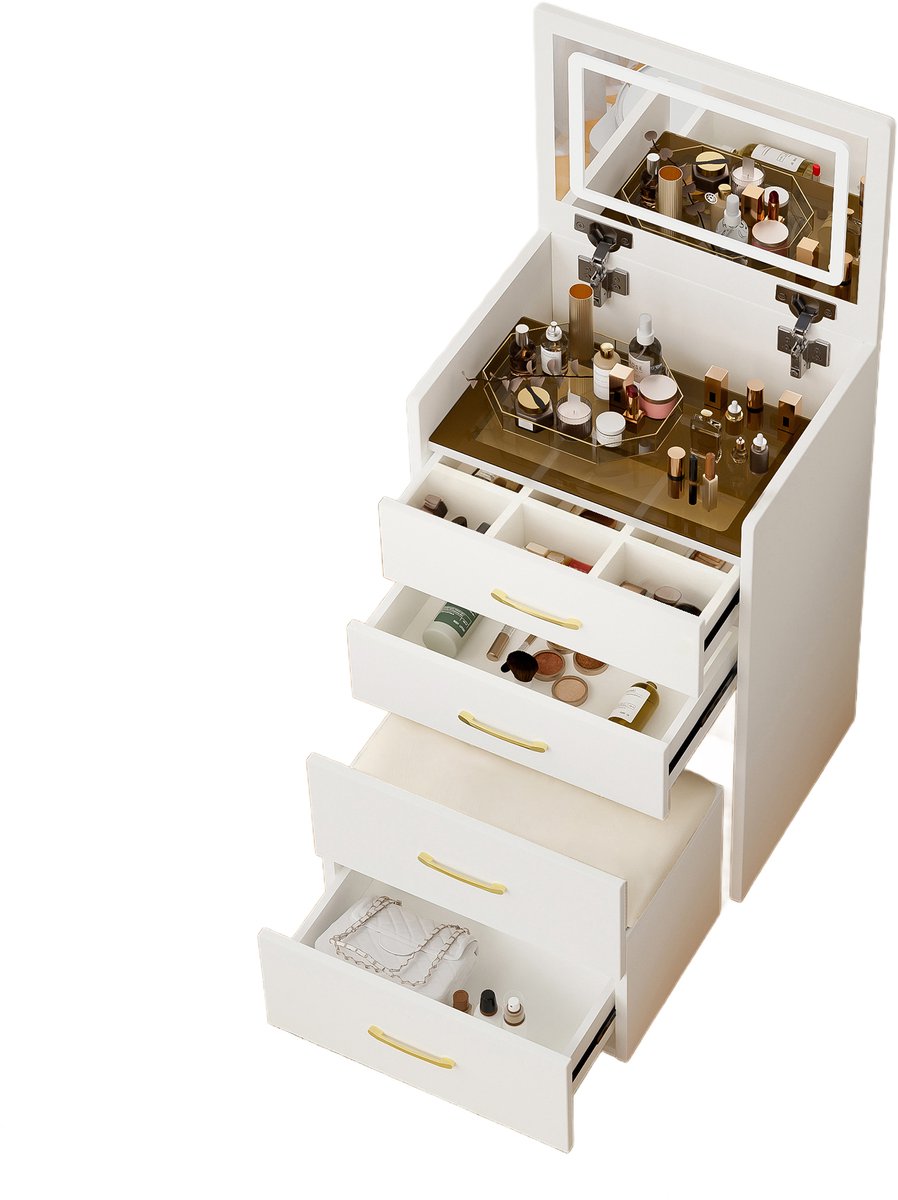 Kaptafel Met Spiegel En Kruk - Transparant Glazen Blad En Drie Lades - Compacte Make-up Tafel Voor De Slaapkamer - Wit MDF