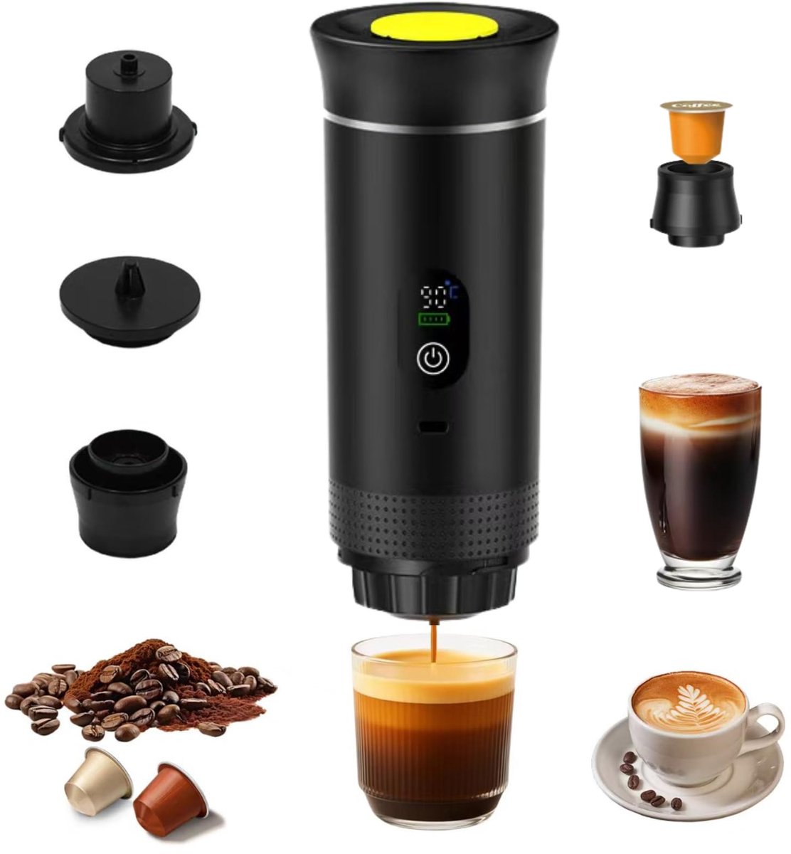 Draagbare Koffiemachine - 2026 model - Draagbare Elektrische Espressomachine - Zwart - Koffiezet apparaat voor Onderweg - Capsules & Gemalen Koffie - Portable Espresso Machine - Cadeauset - koffiemaatje - Reis & Camping Koffiezetapparaat