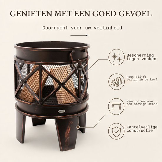 Donkere bronzen vuurkorf met bescherming tegen vonken, hout blijft veilig in de korf, vier poten voor een stevige stand.