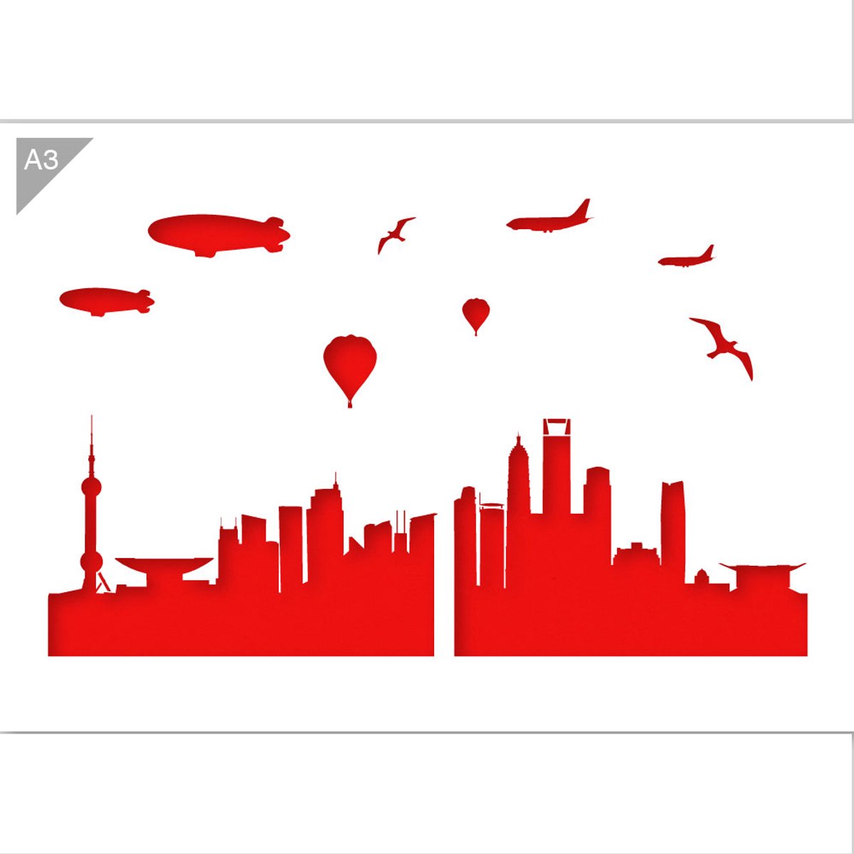Shanghai skyline sjabloon - Kunststof A3 stencil - Kindvriendelijk sjabloon geschikt voor graffiti, airbrush, schilderen, muren, meubilair, taarten en andere doeleinden