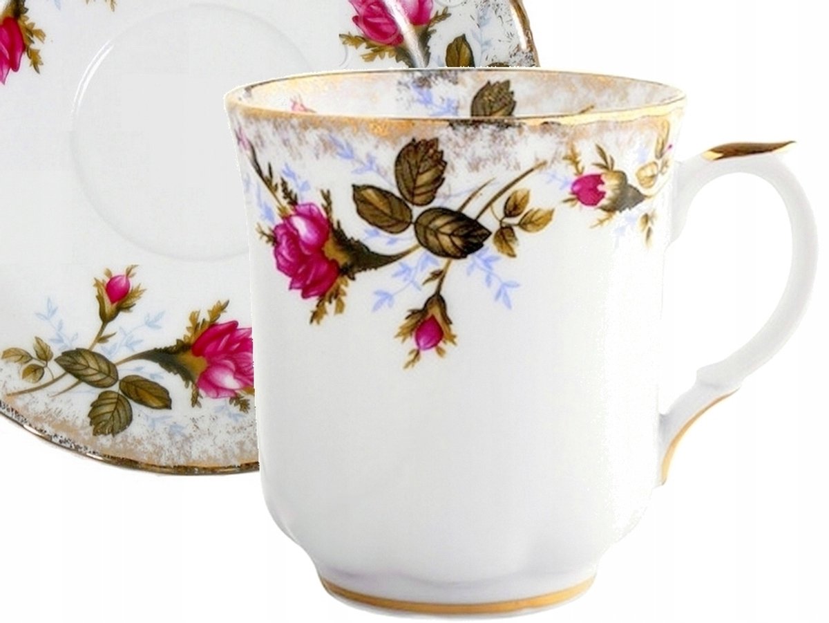 Porseleinen Mok 300ml met Gouden Roos en Schotel - IWONA