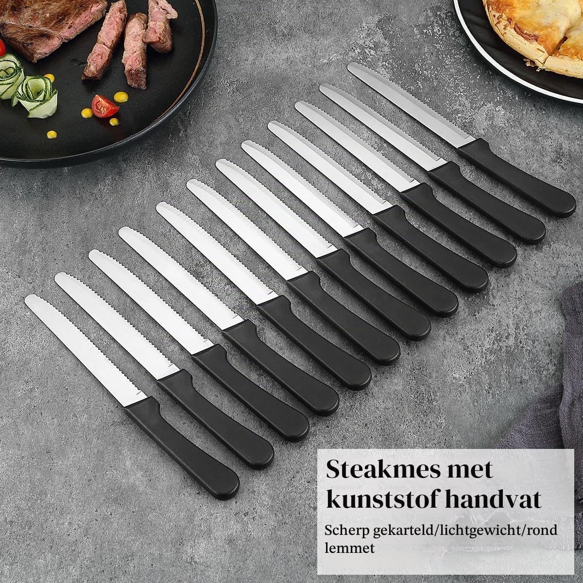 Set van 12 Steakmessen met Serrated Edge, RVS Keukenmessen met Ergonomisch Handvat, Perfect voor Grillen en Tafelen, Vaatwasserbestendig