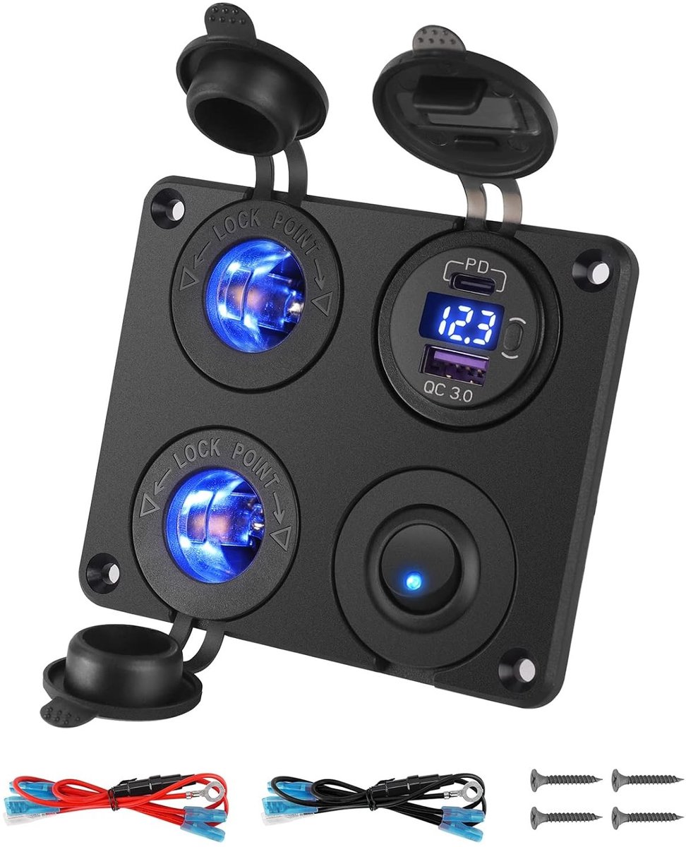 4-in-1 Socket Paneel met Type C, PD, QC3.0 en USB - Inclusief LED Voltmeter voor Snelladen