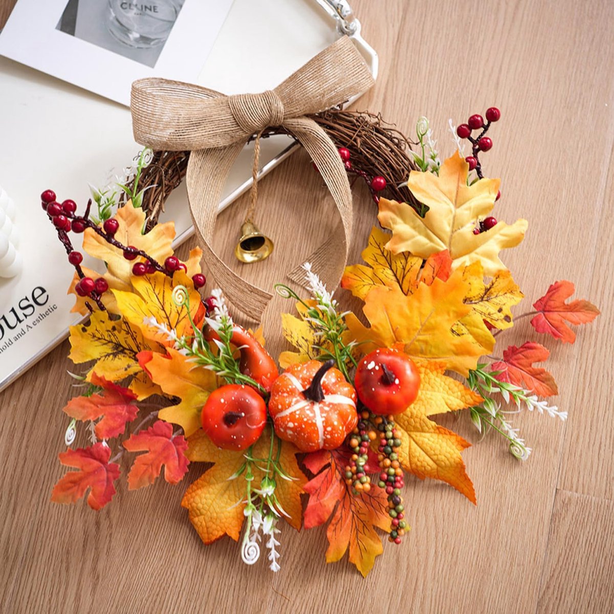 Herfstkrans - Krans Bloemen - Deur Decoratie - Kerstkrans - Kunstbloemen - Pompoenen Decoratie - Kunstbloemen Krans - Herfst Decor - 35cm - voor de voordeur, herfstdecoratie, veranda, muur, huisdecoratie voor de feestdagen – foto 2