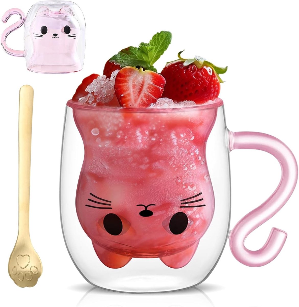 Schattige dubbelwandige glazen mok met handvat, 300 ml, ideaal voor koffie, latte en cappuccino, perfect als cadeau voor kattenliefhebbers en speciale gelegenheden.
