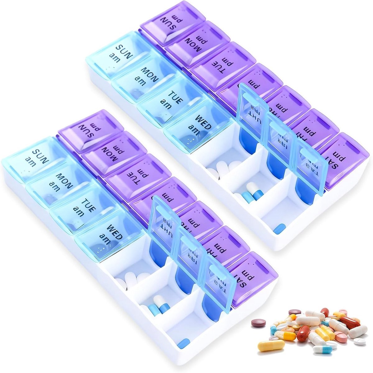 Grote pillendoos voor 7 dagen met 2 onafhankelijke vakken - Ideaal voor medicijnen, vitamines en supplementen in blauw en paars