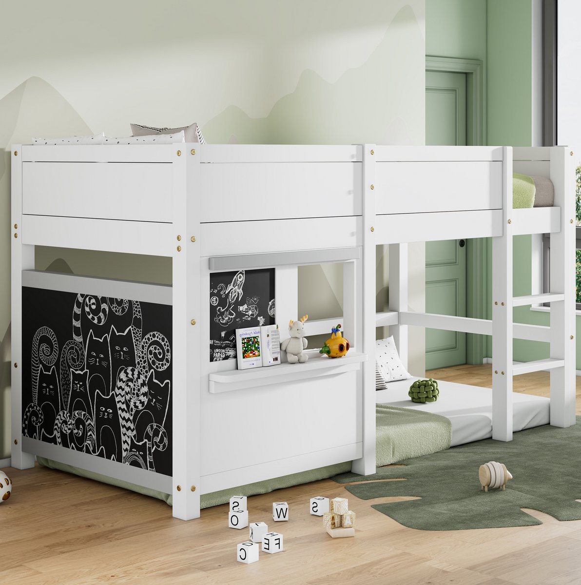 MEUNIQ Kinderstapelbed 90 x 200 cm met huisbedframe, krijtborden, klein legplankje, 3-tredentrap en valbeveiliging voor kinderkamer - wit