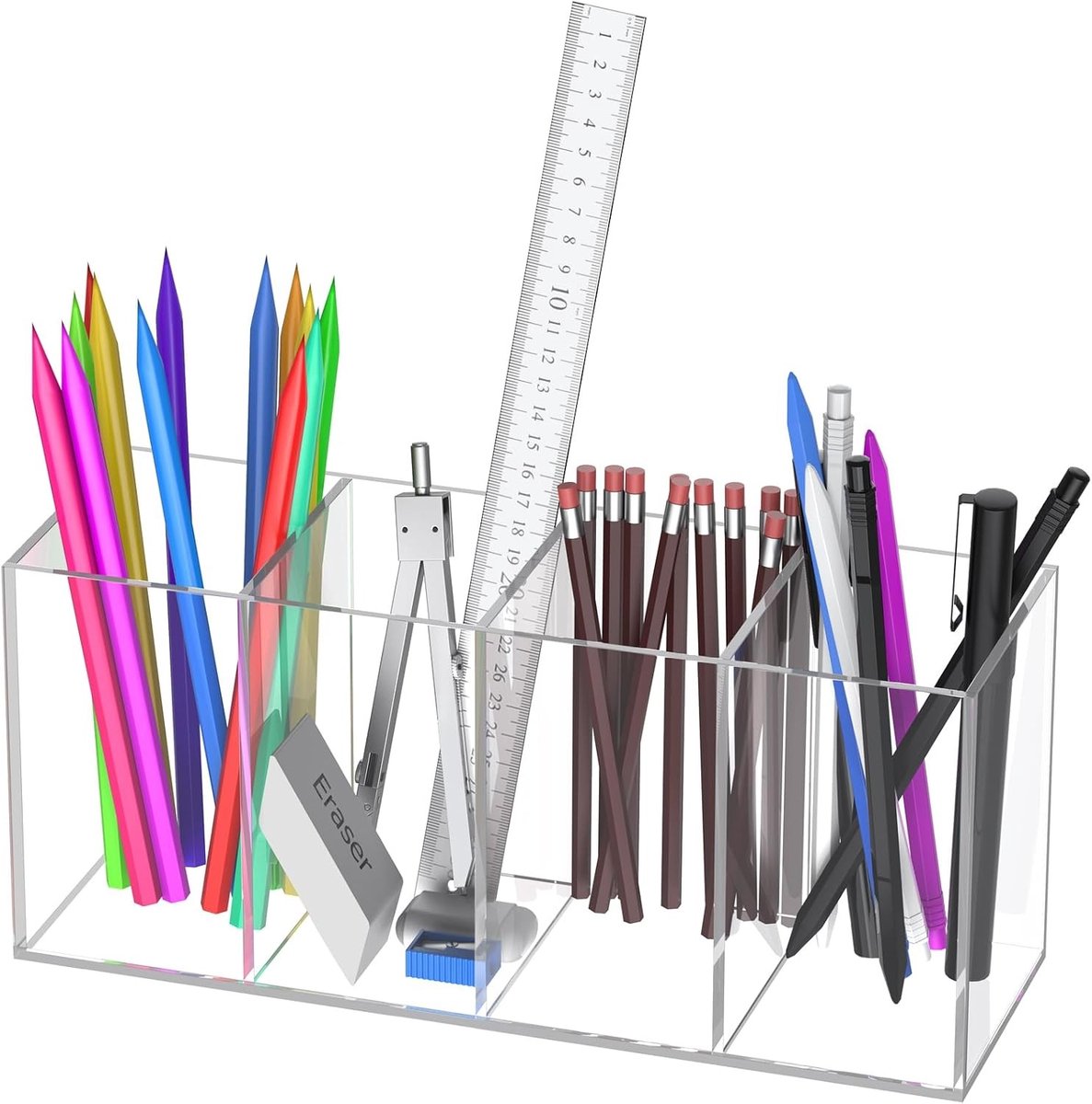 Transparante Acryl Pennenhouder voor Bureau met 4 Compartimenten - Desk Organizer voor Kantoor, Thuis en School