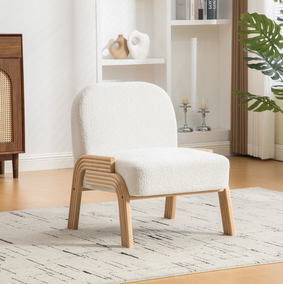 MEUNIQ Fauteuil van chenillestof 72 x 61 x 78 cm zonder armleuningen met houten poten voor woonkamer, slaapkamer of wachtruimte, ivoor