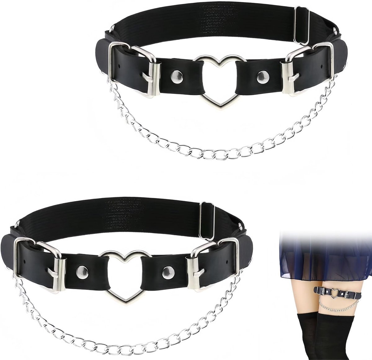 2 verstelbare beenjarretels met hartdetail voor dames, elastische dijbeenbanden met gesp, zachte PU-leren kousenbanden voor sokken, cosplay, festivals, feestjes, roze/zwart
