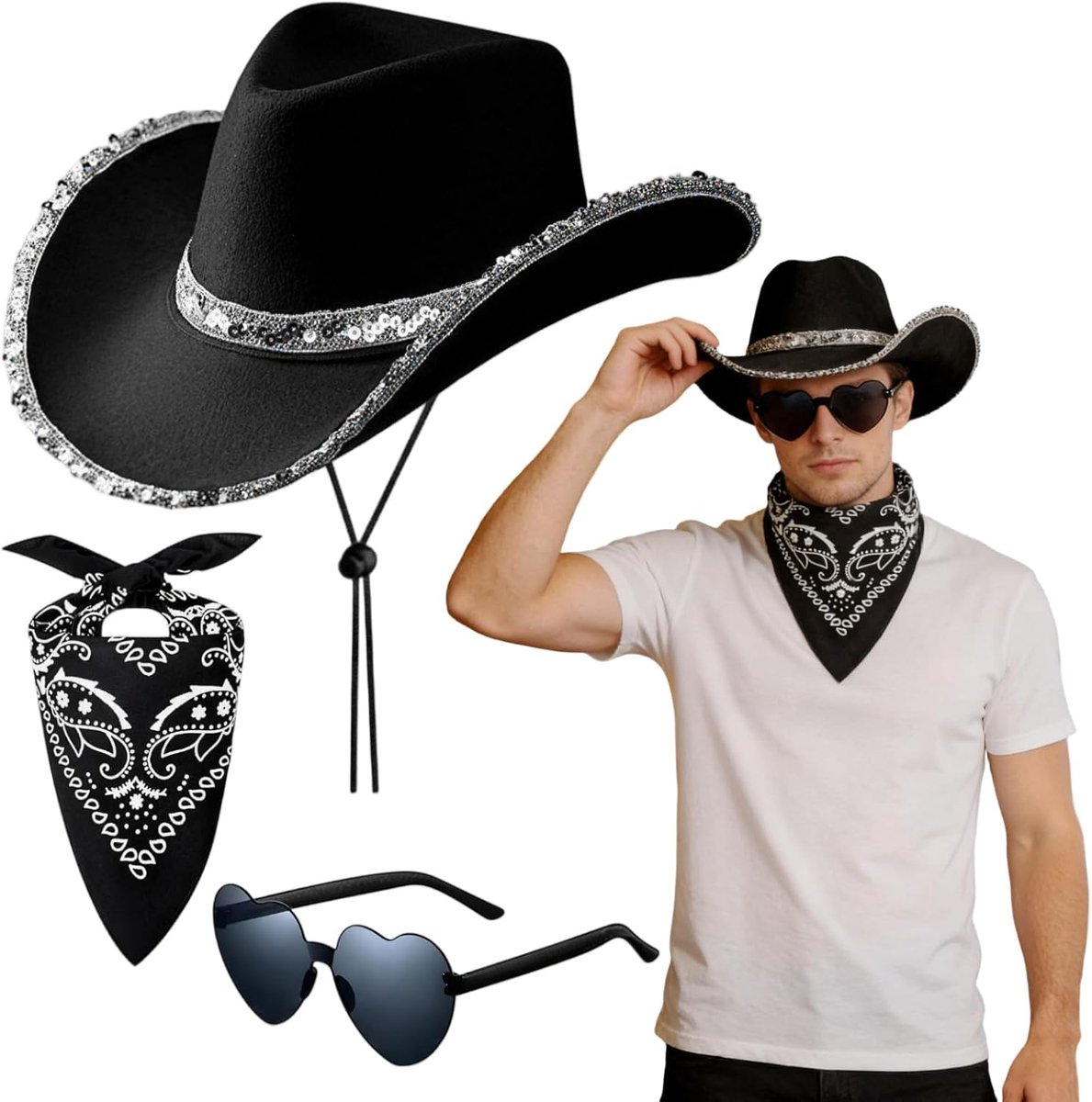 Cowboyhoed accessoireset, 3 stuks cowboyoutfit, set met cowboyhoed, hartvormige zonnebril, bandana's, cowboyhoed, accessoireset voor Halloween, carnaval, bruiloft, themafeest