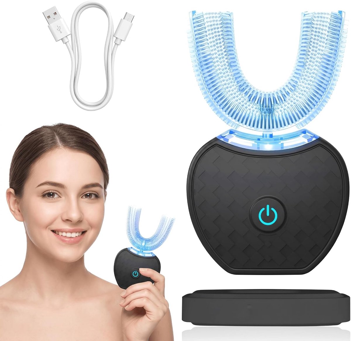 ultrasone tandenborstel, U-vorm, tandenborstel voor volwassenen met blauw licht, 3 modi, 36000-48000 omw/min, IPX7 waterdicht, timer 45 seconden, USB, oplaadbaar, zachte siliconen