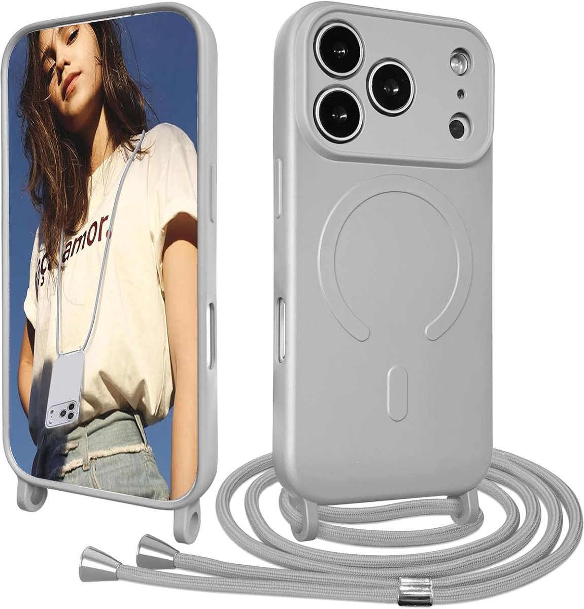 Case voor iPhone 17 Pro Telefoonhoesje met koord Compatibel met MagSafe Camerabescherming TPU Siliconen Verstelbaar Lanyard Hoesje Afneembare touw Cover-Grijs