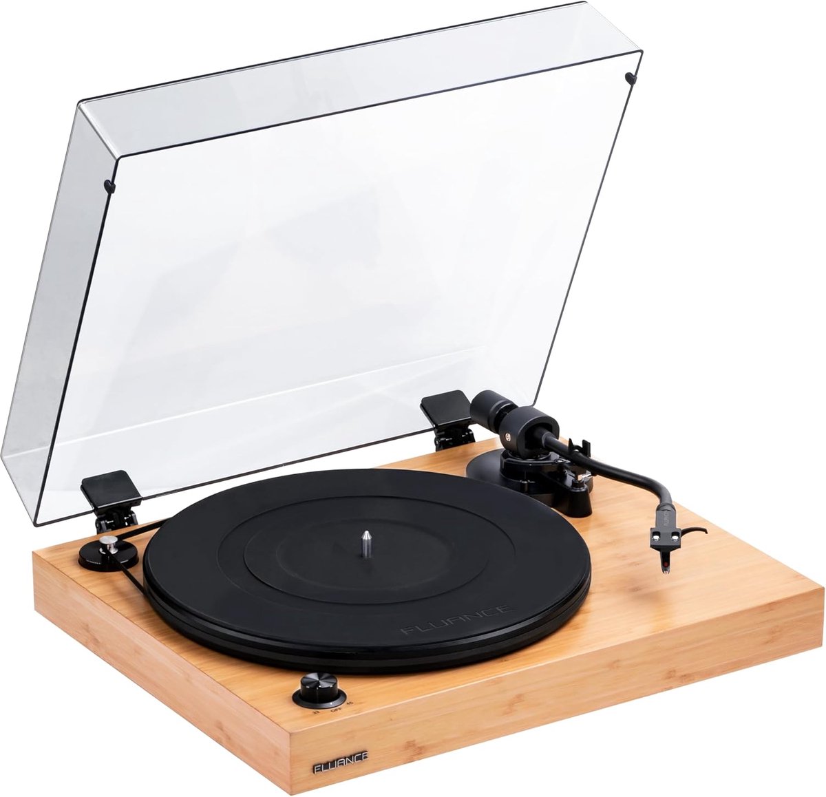RT82 Reference High Fidelity Vinyl draaitafel record speler met Ortofon OM10 cartridge, Speed Control motor, High Mass MDF Wood Plint, trillingsisolatievoet - bamboe
