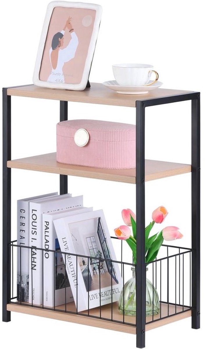 Smal Bijzettafel met Opbergvak - 3-traps Salontafel voor Woonkamer, Slaapkamer en Werkkamer - Natuurbeige