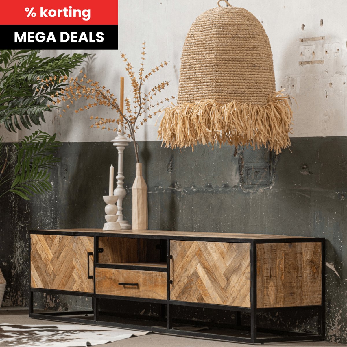 Mangohouten TV Meubel New Haven 165 cm Mahom Industrieel - TV Meubel van Mangohout & Metaal - Industriële TV Meubel