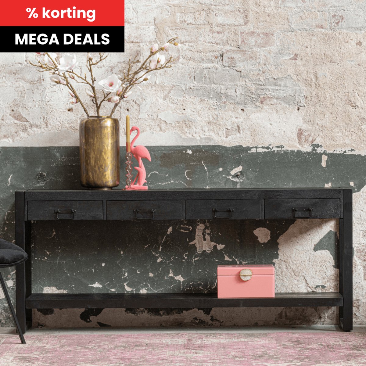 Mangohouten Sidetable Britt Black 4 lades 180 cm Mahom Industrieel - Kleine tafel van Mangohout & Metaal - Industriële Huiskamertafel