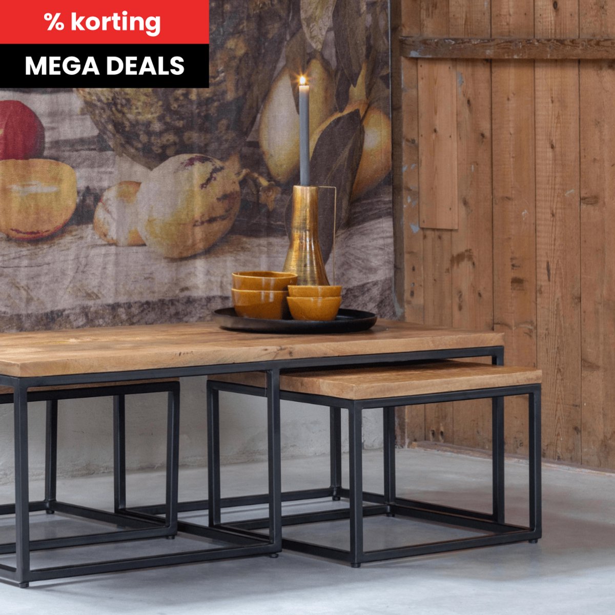 Mangohouten Salontafelset Miami met 3 tafeltjes Mahom Industrieel - Kleine tafel van Mangohout & Metaal - Industriële Huiskamertafel