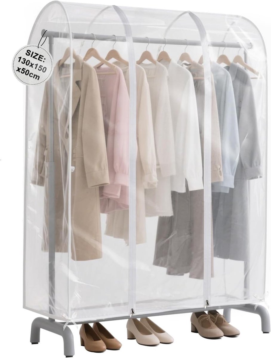 Beschermhoes voor kledingstand, 130 x 150 x 50 cm, transparante plastic hoes, stofbescherming, met rits, kledingzakken, anti-stof, ideale kledingbescherming