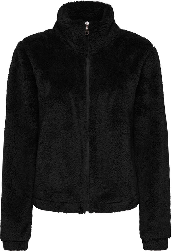 Zwart, pluizig fleece vest met opstaande kraag en volledige ritssluiting aan de voorzijde.