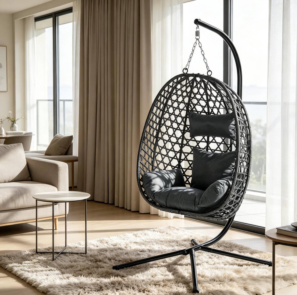 MEUNIQ Hangstoel met standaard van PE-rotan, handmatig in hoogte verstelbaar, met kussens en hoofdsteun, 360° schommelbeweging, 150 kg, donkergrijs