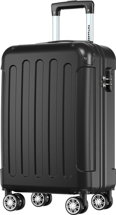 Zwarte 'New York' handbagagekoffer met verticale ribbels, vier wielen en een cijferslot.