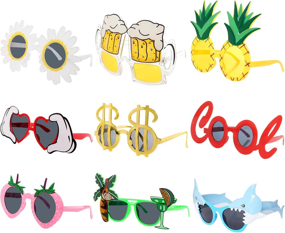 Grappige Zonnebrillen voor Feesten, 9 Paar Hawaii Stijl, Zomerpatronen, Ideaal voor Kinderen, Tieners en Volwassenen, Perfect voor Strand en Themafeesten