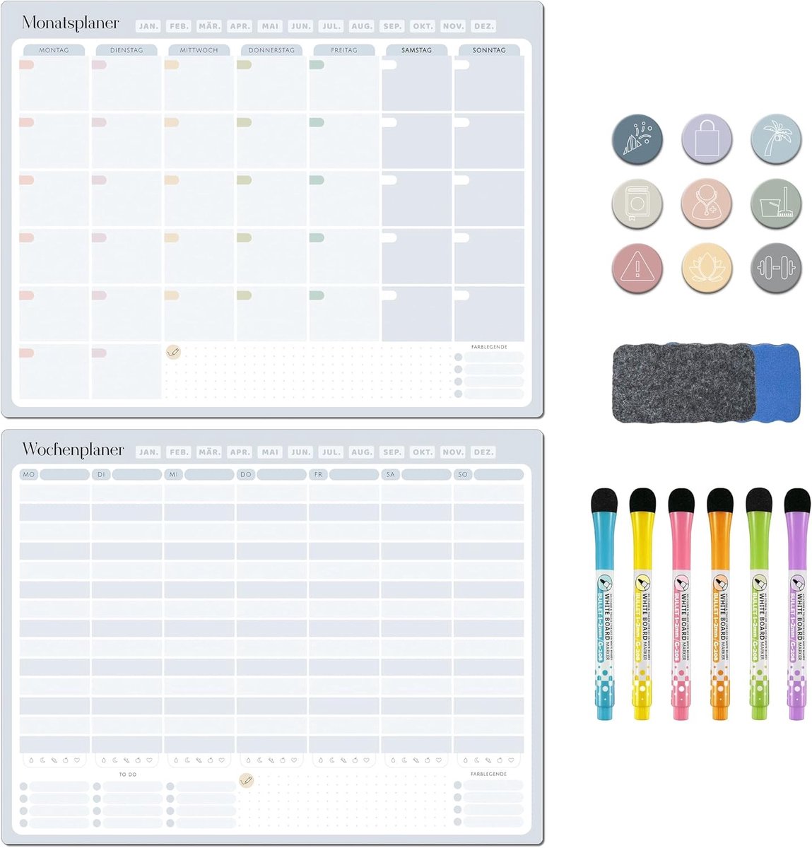 Zelfklevende weekplanner voor op de muur, afwasbaar whiteboard, ongedateerde planner met stickers en pennen, ideaal voor organisatie en planning