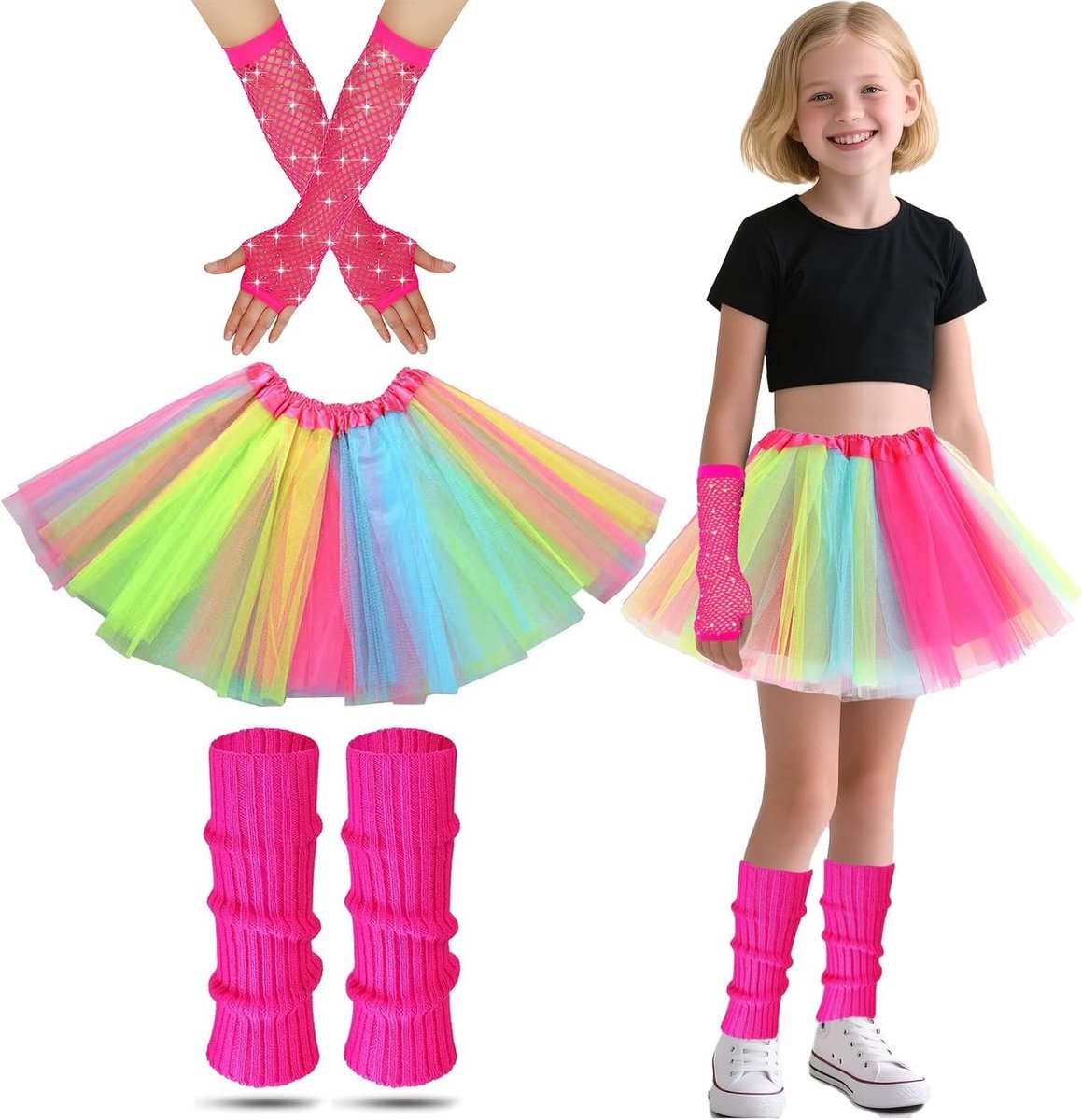80s Kostuum voor Meisjes met Neon Beenwarmers, Visnet Handschoenen en Tutu Jurk voor Themadansfeest