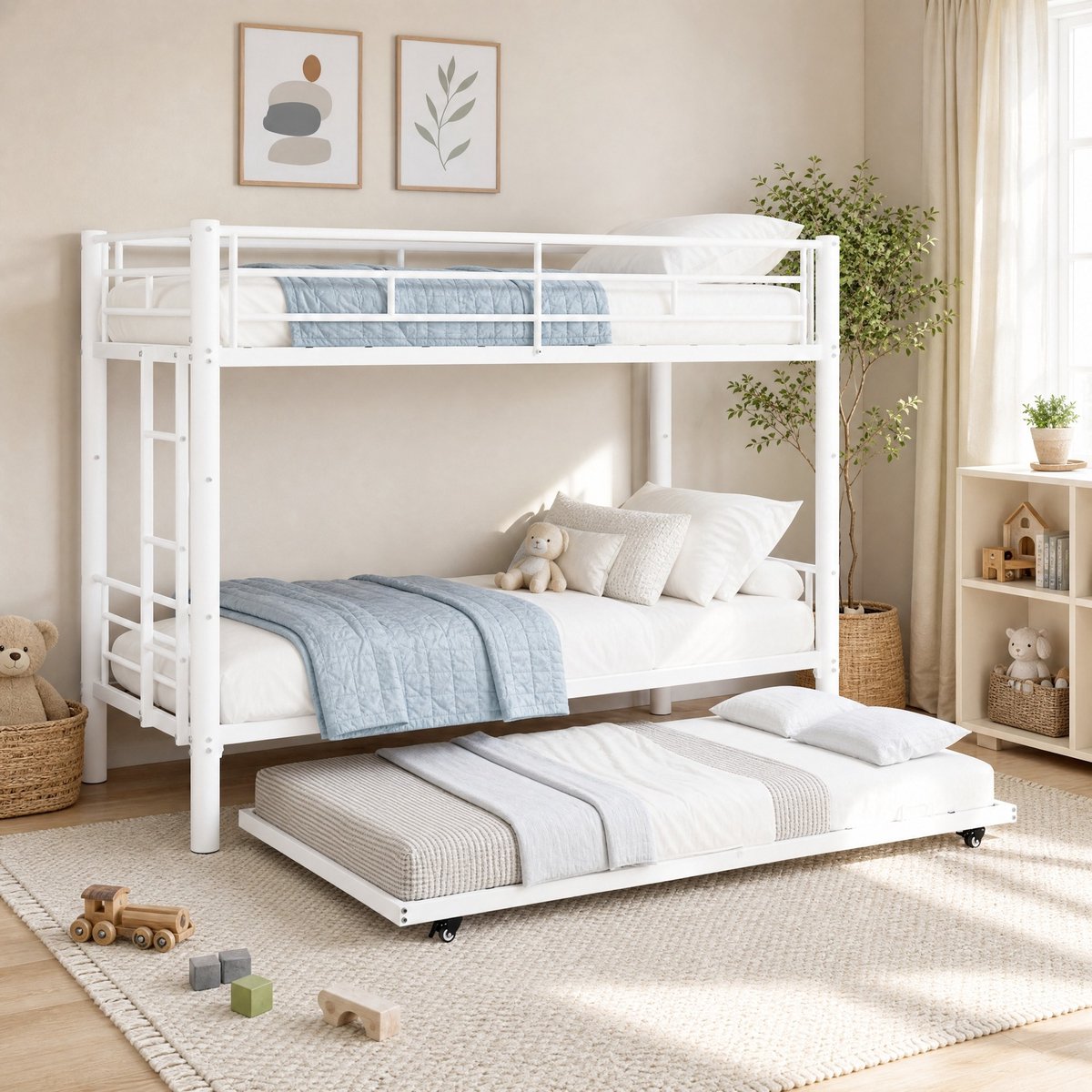 MEUNIQ Metalen stapelbed met uitschuifbaar onderschuifbed 90 x 190 cm, ladder, veiligheidshekken, deelbaar tot 2 bedden, kinderkamer, wit