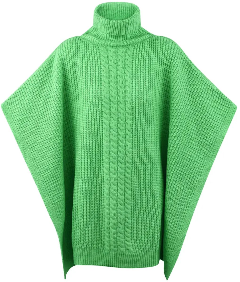 Groene Poncho Met Hoge col - Trendy Dames Gebreide Ponchos met kabelpatroon - 100 x 68 cm - Groen