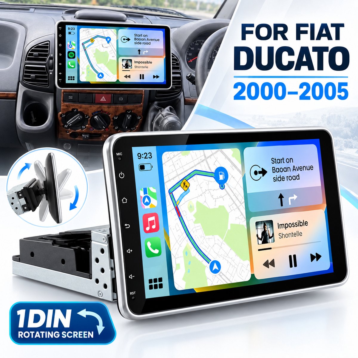 Junsun Android 15 Autoradio Geschikt Voor Fiat Ducato 2000-2005 - Draadloze Carlay & Android Auto - GPS-navigatiesysteem - Bluetooth - 360° draaibaar scherm - Stuurwielbediening - WiFi - Plug & Play - RDS