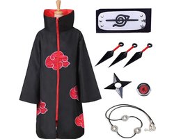 Akatsuki Cape Cosplay Kostuum Set voor Kinderen & Volwassenen - Anime Itachi Uitvoering met Hoofdband, Ringen, Halsketting, Kunai, Shuriken - Maat L - Ideaal voor Halloween & Cosplay Feesten
